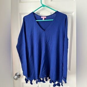 Lilly Pulitzer Martine V-Neck Oversized Sweater Bright Royal Blue Tassels Fringe